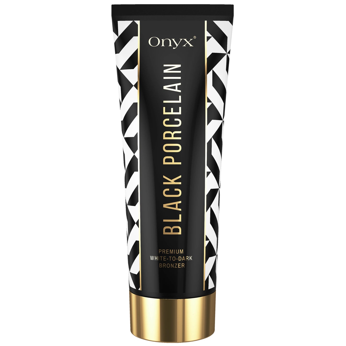 Hauptbild der Onyx Black Porcelain Bräunungslotion mit edlem Schwarz-Weiß-Gold-Design, Premium White-to-Dark Bronzer für das Solarium