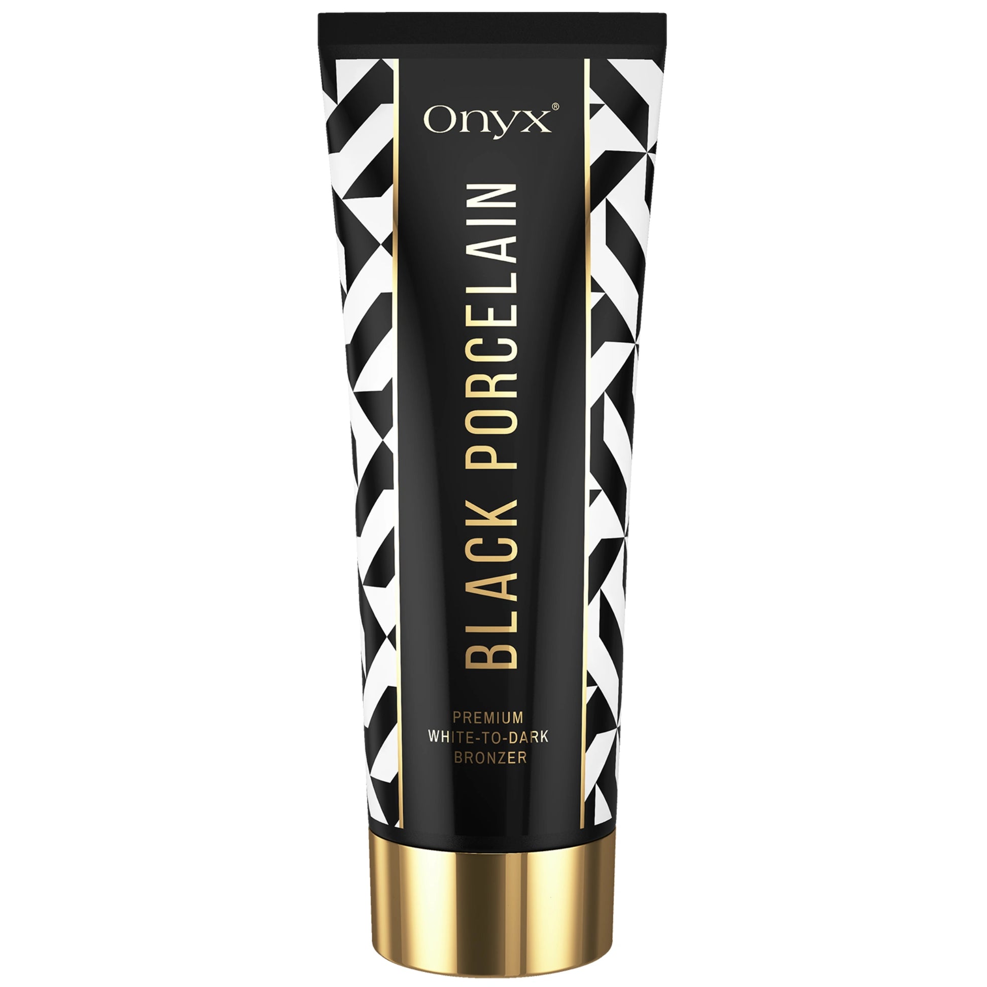 Hauptbild der Onyx Black Porcelain Bräunungslotion mit edlem Schwarz-Weiß-Gold-Design, Premium White-to-Dark Bronzer für das Solarium