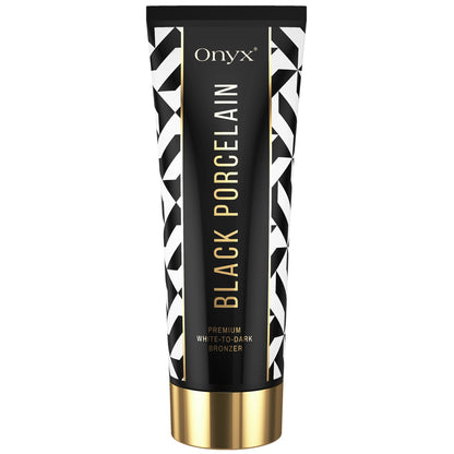 Hauptbild der Onyx Black Porcelain Bräunungslotion mit edlem Schwarz-Weiß-Gold-Design, Premium White-to-Dark Bronzer für das Solarium
