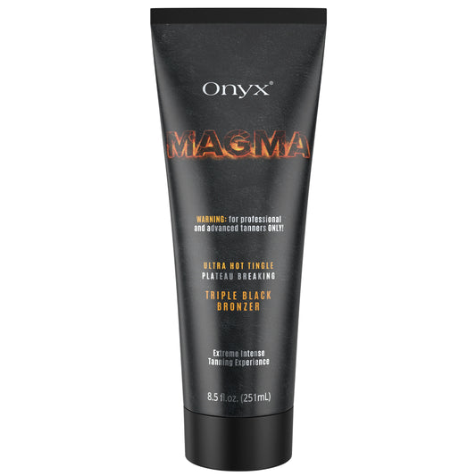 Freigestelltes Produktbild der Onyx Magma Tingle Bräunungslotion mit schwarzem Design, Lava-Schriftzug und Warnhinweis für fortgeschrittene Nutzer