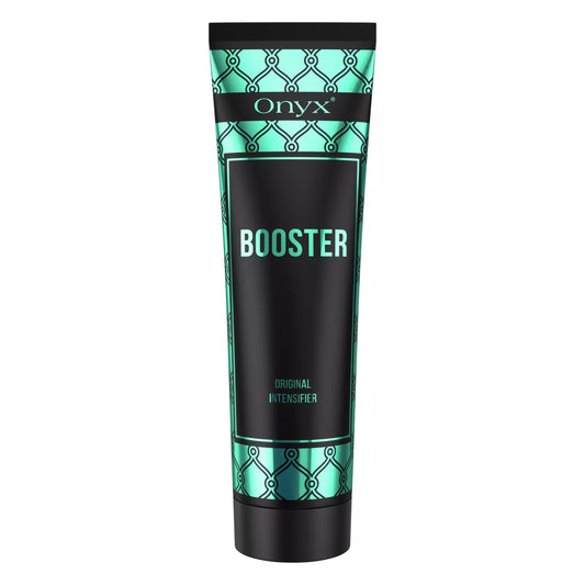 Onyx Tanning Booster Bräunungslotion 150 ml in türkis-schwarzem Design, freigestellt auf weißem Hintergrund zur Darstellung des Produkts