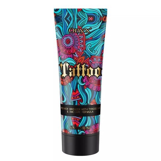 Tattoo-Bräunungslotion mit Tyrosin von Onyx, Produktabbildung auf weißem Hintergrund, ideal zum Schutz und zur Pflege tätowierter Haut beim Sonnen